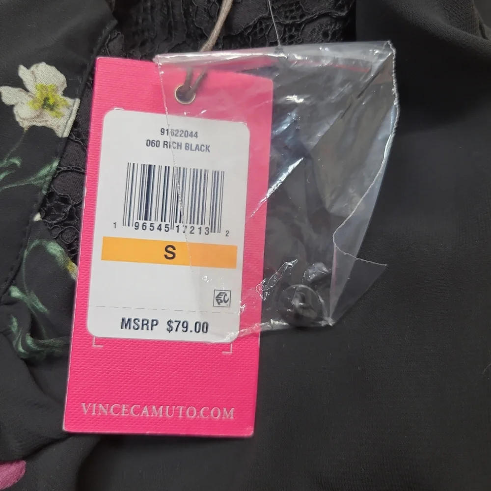 VINCE CAMUTO SHIRT WOMENS SIZE SMALL RICH BLACK FLORAL BLOUSE RAGLAN SLEEVE TOP - Picture 8 of 10